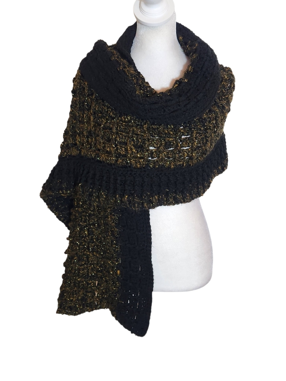 Black and Metallic Gold Fuzzy Hand Knit Open Weave Scarf 68 x 15 Inches